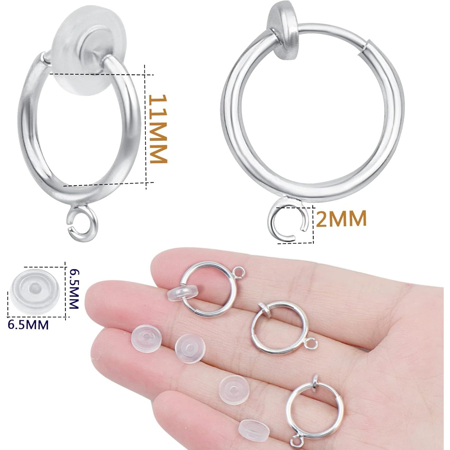 16pcs Brass Clip-on Hoop Earring Converters Round Dangle Ear Clips Classic Earring Findings with Open Loop for Non-Pierced Ears Jewelry Making, Bright Silver