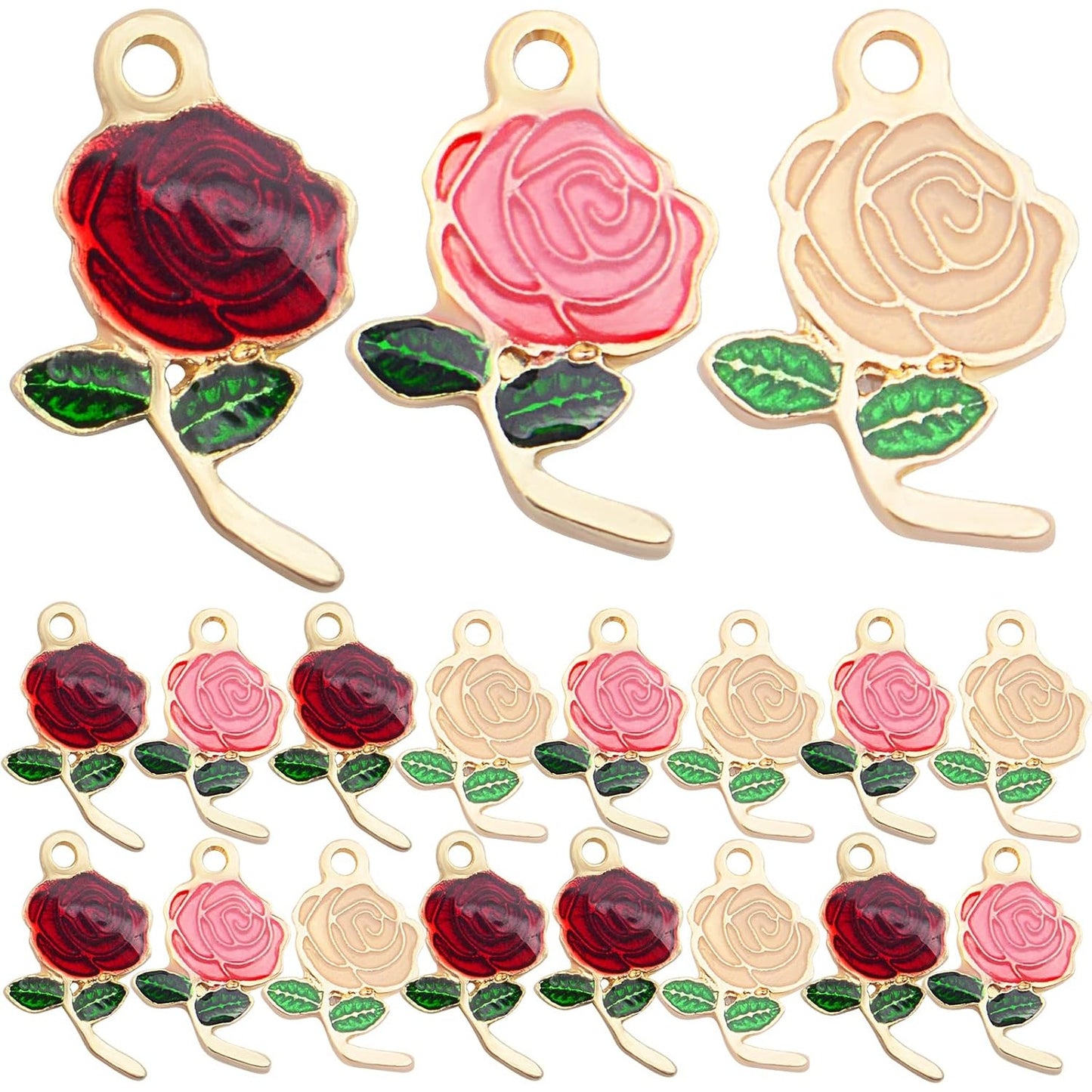 24pcs Enamel Rose Flower Charms Lovely Flower Bead Romantic Dangle Pendants Jewelry Findings for DIY Earrings Necklace Bracelet Valentine's Gifts, 3 Colors