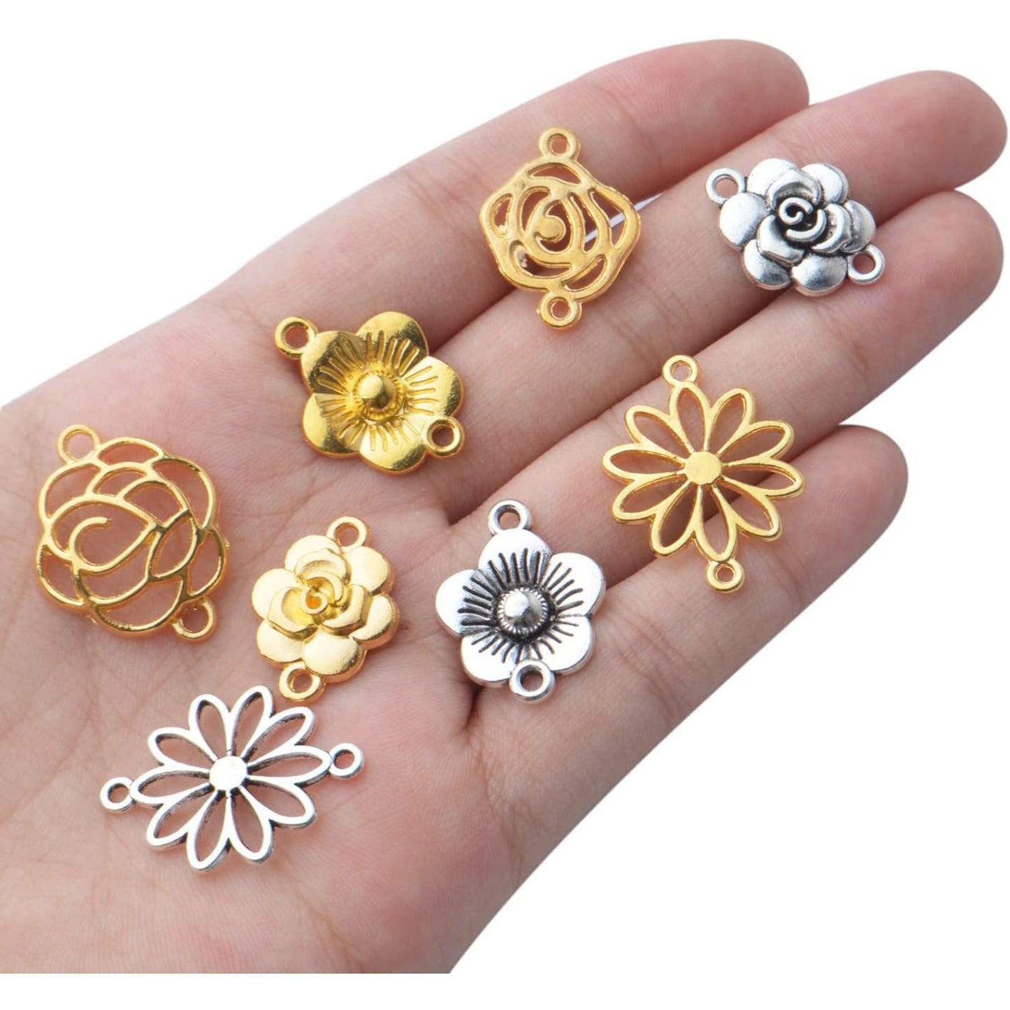 50pcs Flower Jewelry Connectors - Alloy Pendants, 5 Styles for DIY Necklace & Bracelet Making