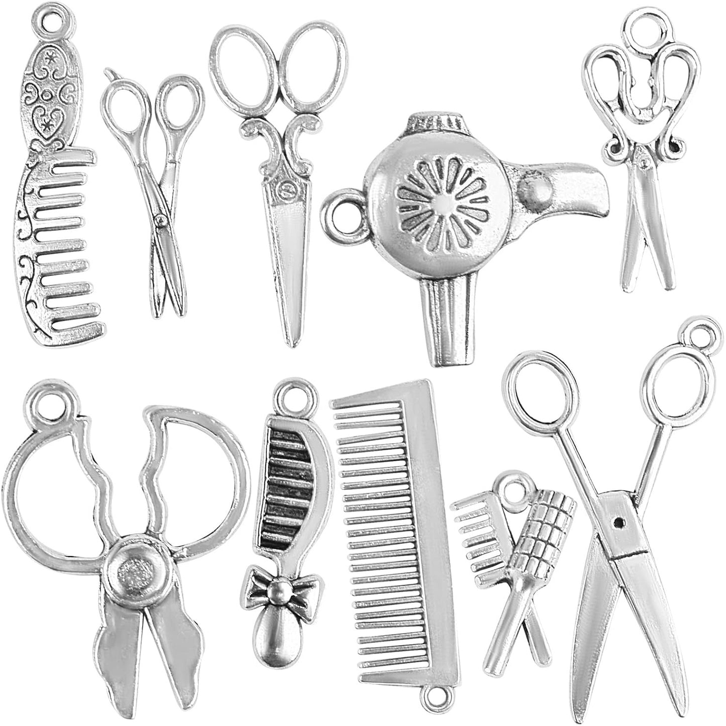60pcs 10 Styles Hairdresser Charms Collection Hair Stylist Charms Pendant Scissor Comb Hairdressing Tools for DIY Necklace Bracelet Jewelry Making