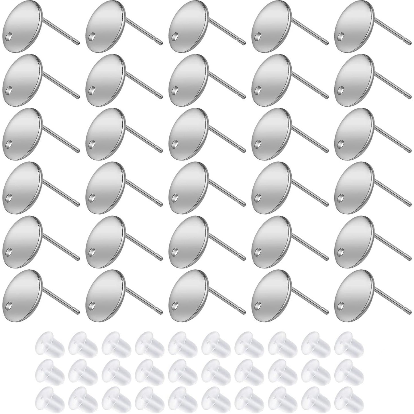 30pcs 3 Colors Stainless Steel Stud Earrings Flat Round Pad Earring Posts Findings with Hole and 30pcs Clear Silicone Earring Backs for Women DIY Jewelry Making