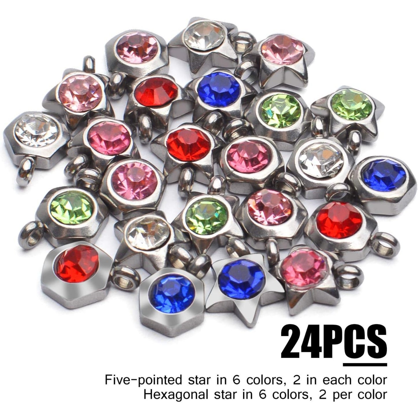 24pcs Jewelry Crystal Charms Rhinestone Star Hexagon Charm Pendants DIY Beads Pendants with Rings for DIY Jewelry Necklace Bracelet Earring Making Supplies,6 Colors