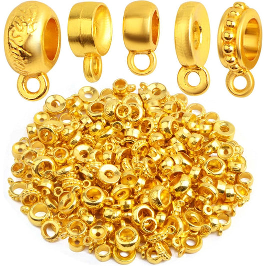 100 Gram Bright Golden Bail Tube Beads Mixed Alloy Bail Beads Connectors Rondelle Spacer Bead Hanger Links for DIY European Bracelet Pendant Jewelry Making, 5 Styles