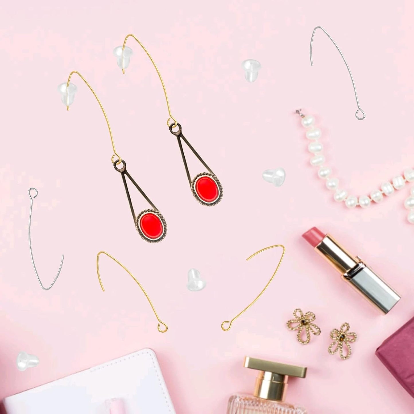 60pcs 2 Colors V Shape Earring Hooks Metal Ear Wires Drop Earring Hooks Components and 60pcs Clear Bullet Earring Backs for DIY Dangle Jewelry Making Findings