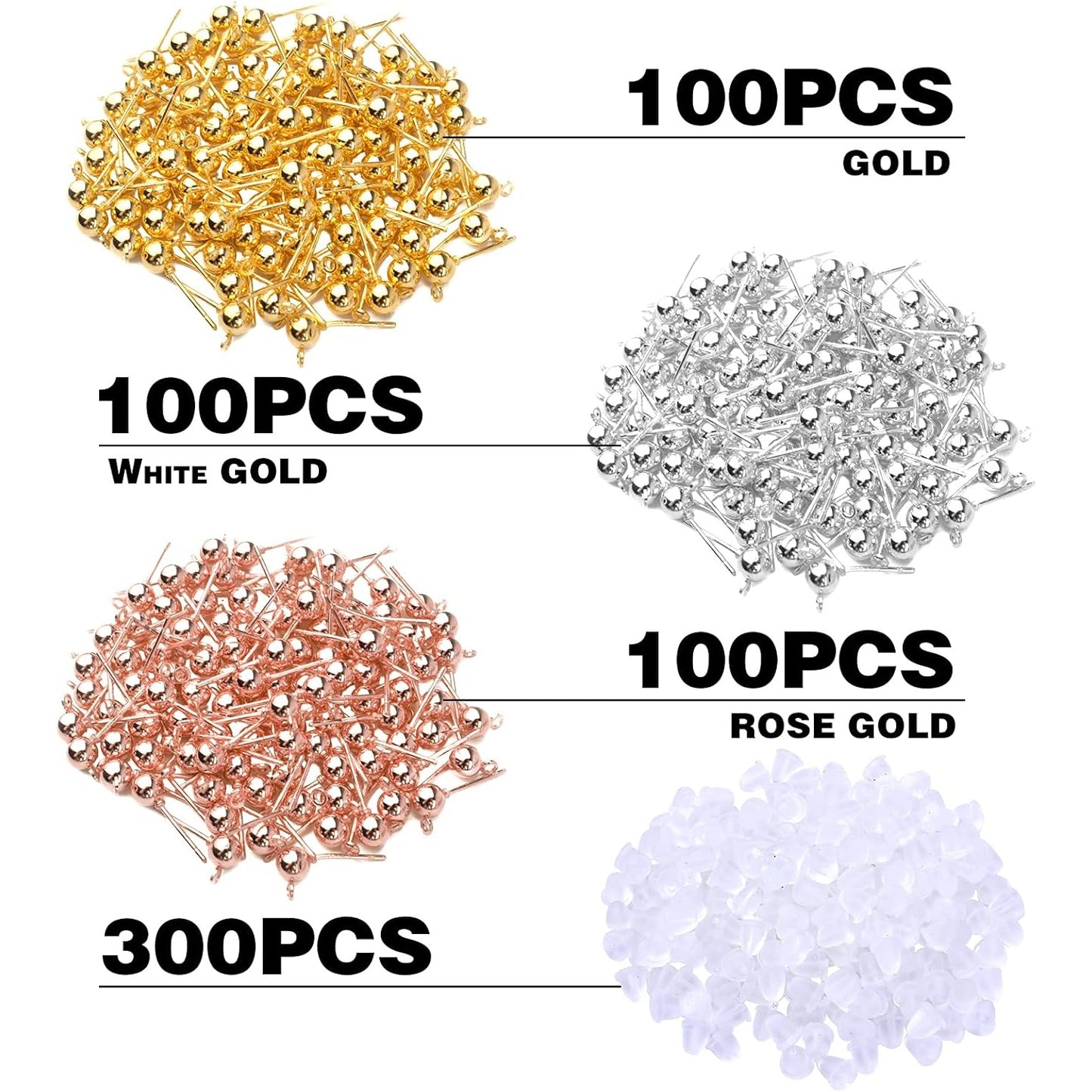 300pcs 3 Colors Ball Post Earring Studs Hypoallergenic Alloy Ear Pins Earring Posts with Loop and 300pcs Silicone Clear Bullet Earring Backs for DIY Crafts Jewelry Making