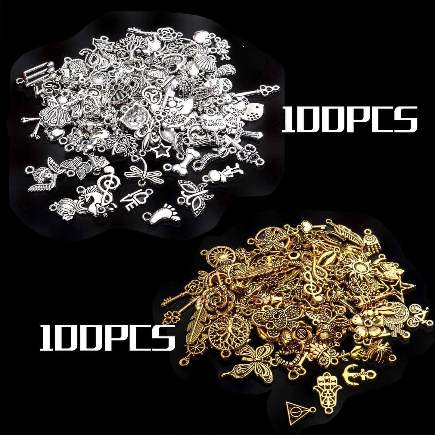Vintage Charms Bulk,200pcs Mixed Antique Charms Tibetan Alloy Pendants for Necklace Bracelet Jewelry Making and Crafting,Antique Silver & Gold