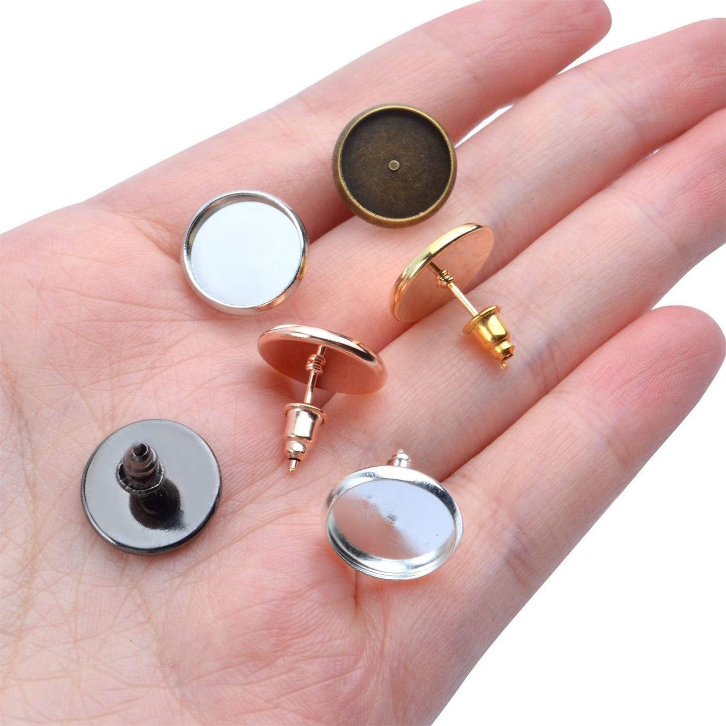 Stud Earring Findings, 60pcs Blank Stud Earring Bezel Setting Post Cup for 12mm Cabochon and 60pcs Earring Backs for Jewellery Making