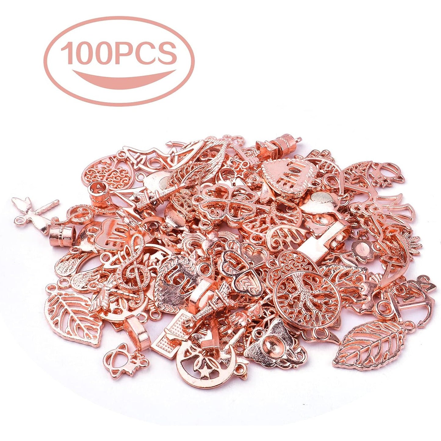 100pcs Rose Gold Mixed Charms Pendants Tibetan Alloy Vintage Charms Wholesale Bulk Crafts Supplies for DIY Necklace Bracelet Earring Handmade Jewelry Making Accessories