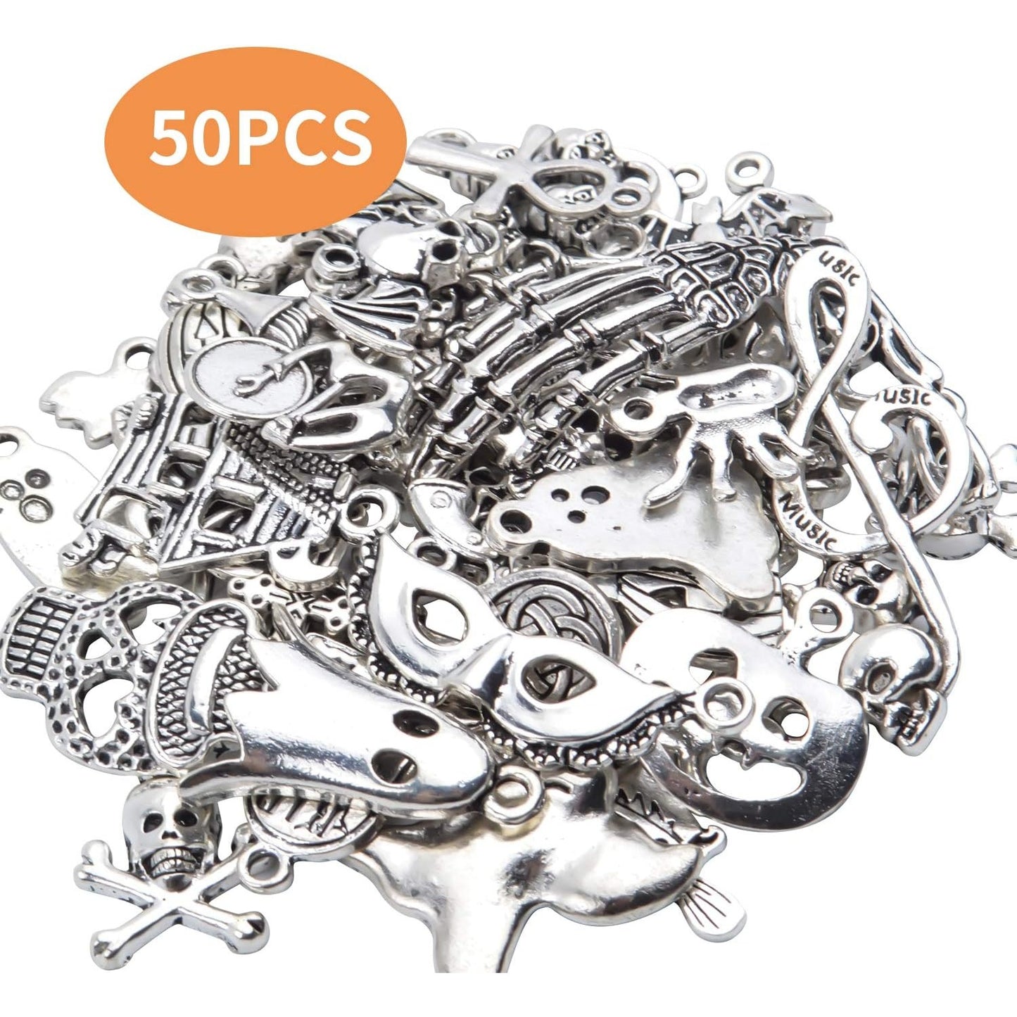 50 Pieces Halloween Theme Charms Assorted Tibetan Silver Pendants Skull Skeleton Pumpkin Bat Witch Charms for Jewelry Making Key Rings Crafts