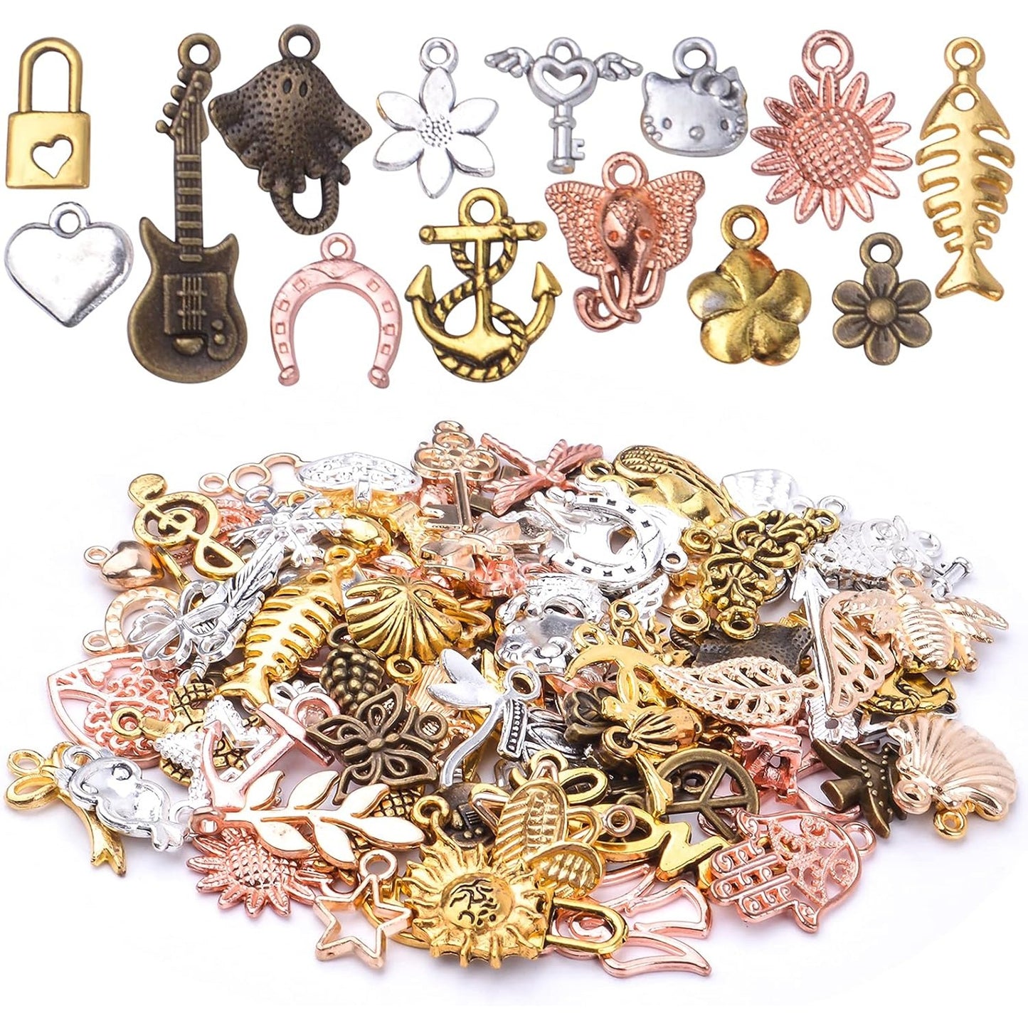 100pcs Craft Supplies Mixed Heart Star Animal Flower Branch Alloy Charms Pendants Bead Charm for Jewelry Making Bracelet Necklace, 7 Colors