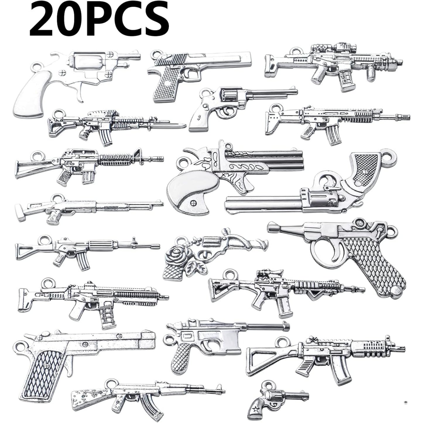 20pcs Antique Silver Plated Mixed Pistol Revolver Submachine Gun Charms Alloy Weapon Charms Pendants DIY for Necklace Bracelet Jewelry Making Accessory