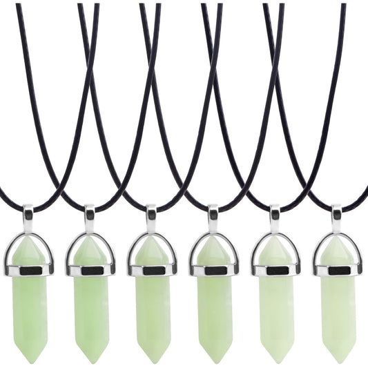 6pcs 3 Colors Glow in The Dark Crystal Pendants Hexagonal Bullet Shape Luminous Fluorescent Necklace Pendant with 6pcs Black Leather Cords for DIY Necklace Jewelry Making Supplies
