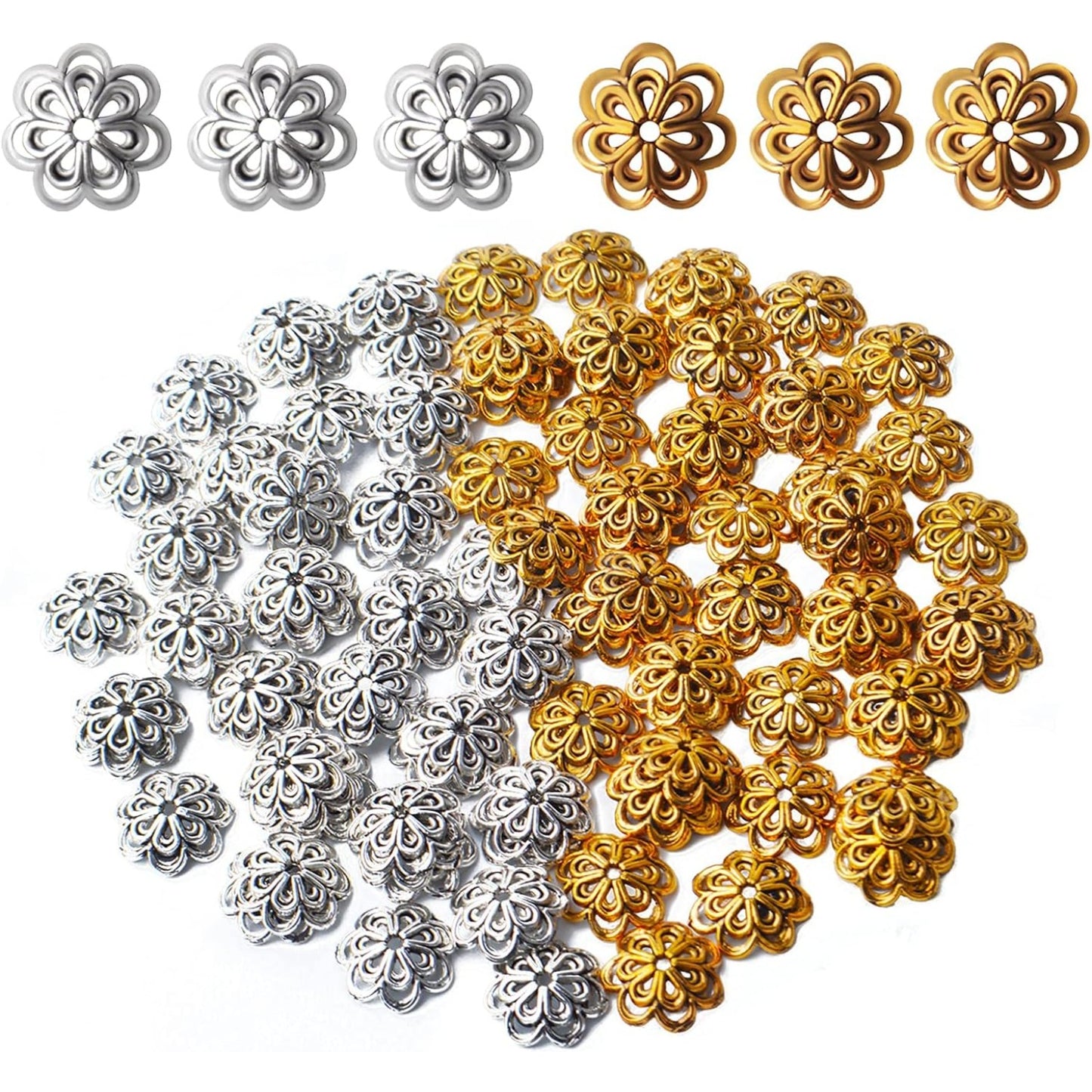 100pcs Flower Shape Alloy Filigree Hollow Bead End Caps, Jewelry Spacers Caps for Bracelet, Earrings, Crafts Making Supplies
