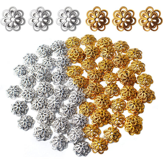 100pcs Flower Shape Alloy Filigree Hollow Bead End Caps, Jewelry Spacers Caps for Bracelet, Earrings, Crafts Making Supplies