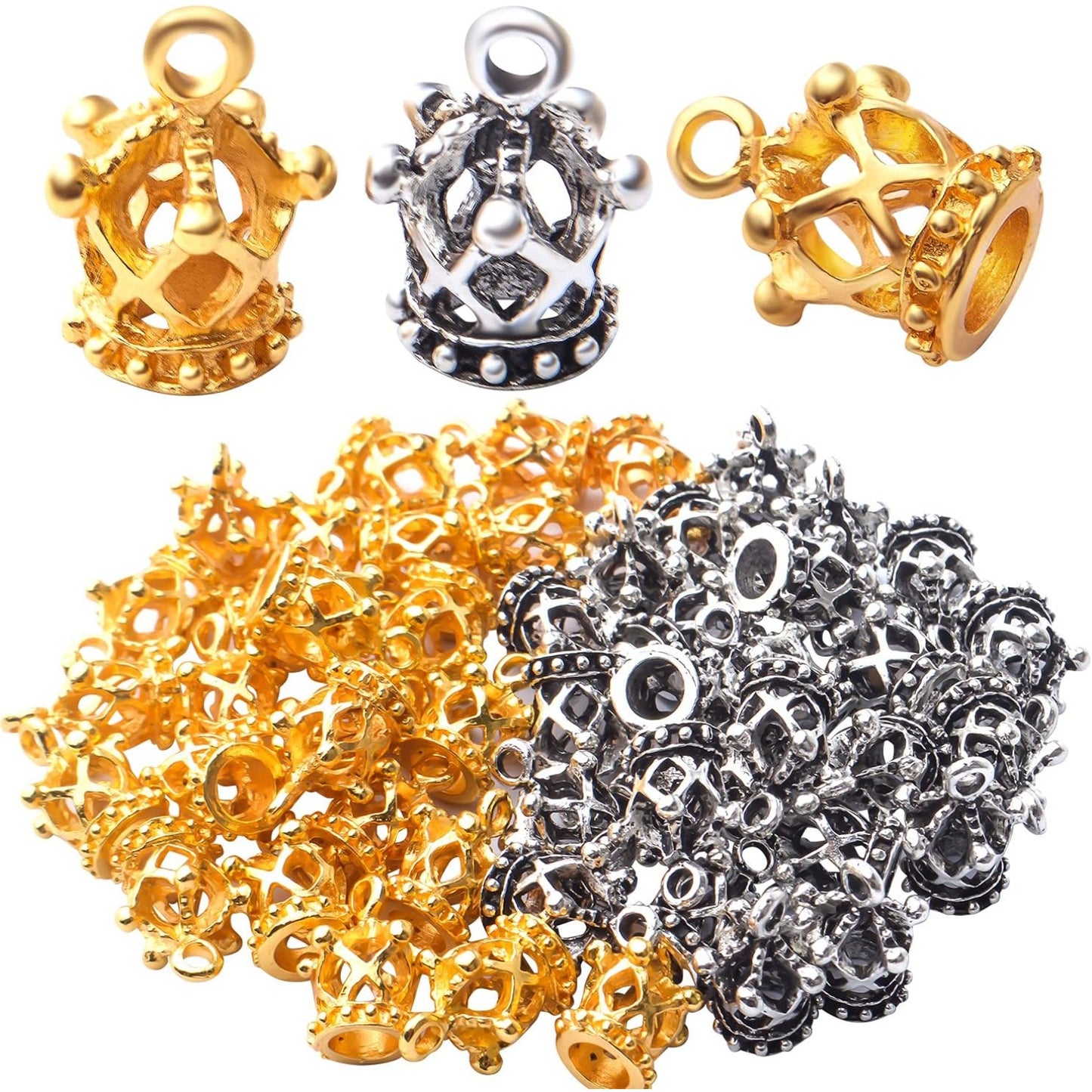 Crown Charms,50pcs King Crown Charm Pendants Alloy Crown Bead Charm Queen Crown Pendants Craft Supplies for Jewelry Making Necklace Bracelet DIY(3D)
