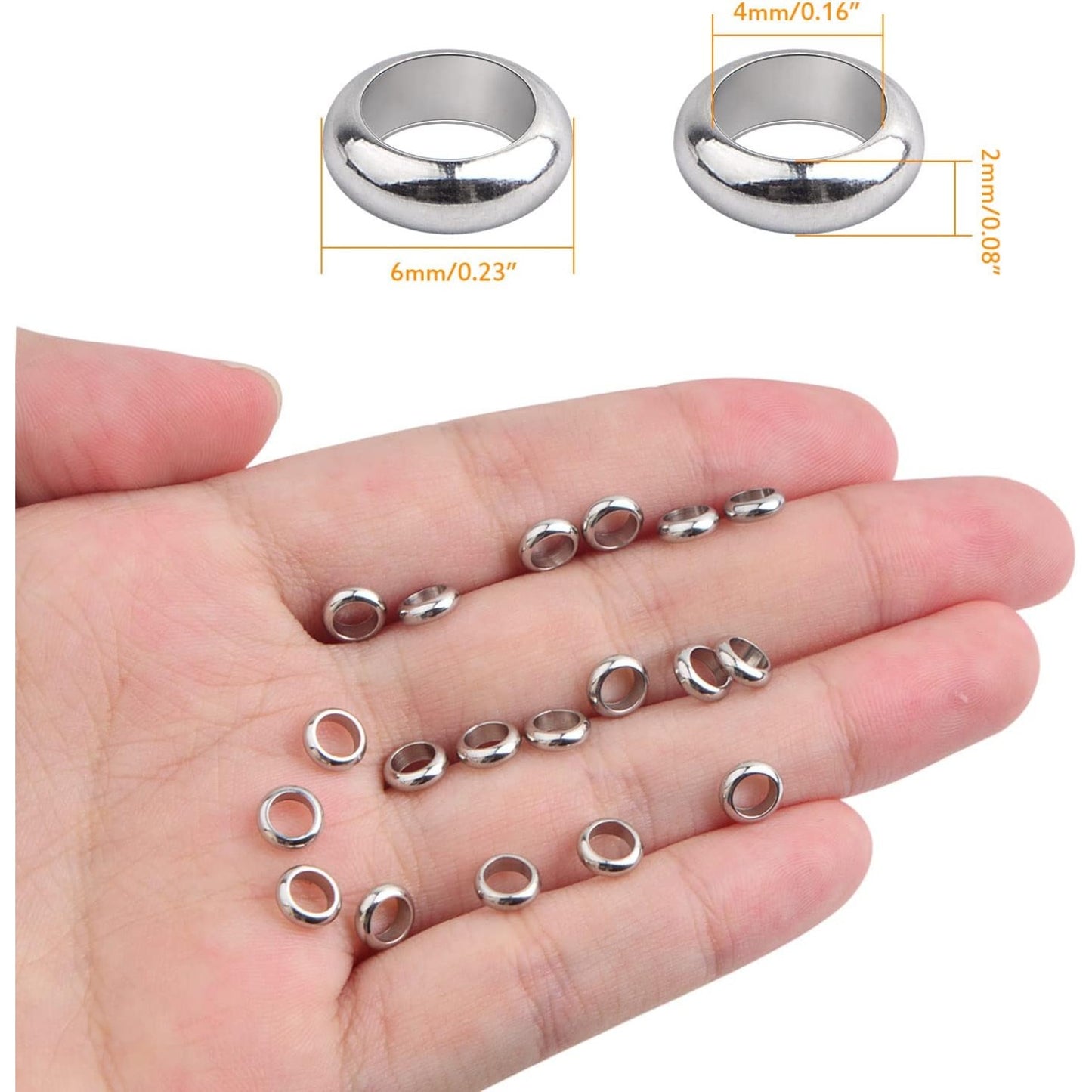100pcs Stainless Steel Smooth Round Spacer Beads Tibetan European Large Hole Rondelle Spacer Beads Accessories for DIY Necklace Bracelet Jewelry Making Supplies, Hole: 4 mm
