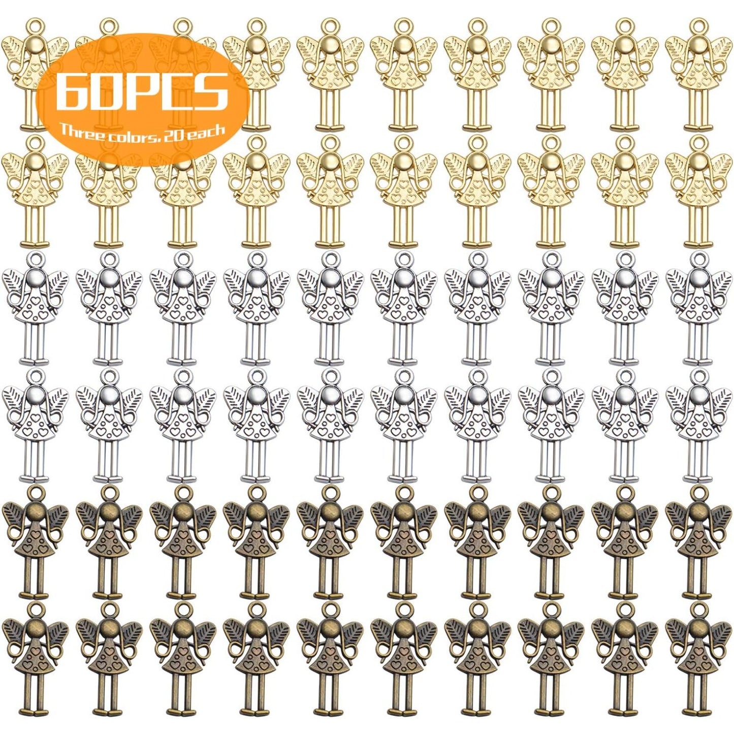 Angel Charms Pendant,60pcs Tibetan Guardian Angel Charms Antique Silver Bronze Golden Craft Supplies for Jewelry Making Bracelets Necklace Keyring DIY,25x14mm