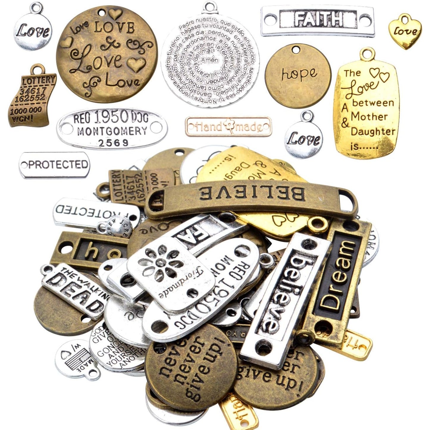 100g (About 30-45 Pieces) Mixed Inspiration Words Alloy Charms Antique Silver Pendant for Jewelry Making Crafting Necklace Bracelet DIY