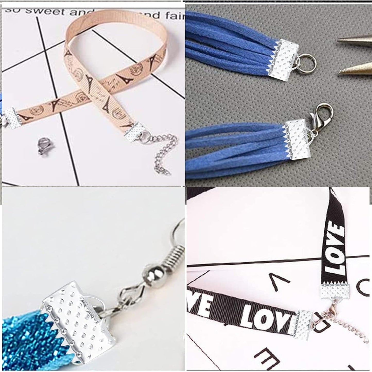 500pcs Silver Plated Pinch Crimp Clamp Ends Cord Ends Fasteners Clasp Metal Ribbon Bookmark Connectors for DIY Bracelet Leather Suede Jewelry Craft Making