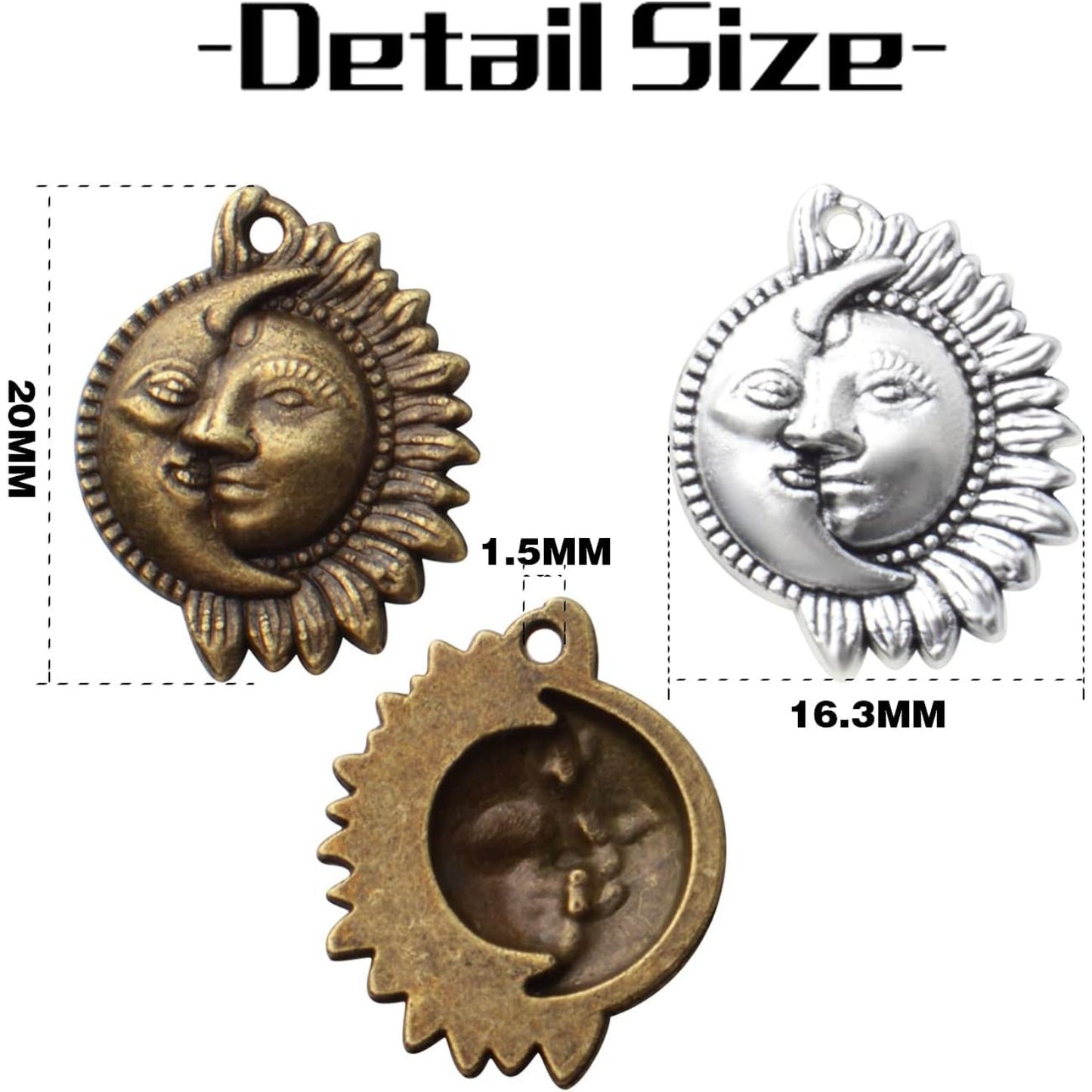 50pcs Sun and Moon Charms Pendants Alloy Sun Smile Celestial Craft Supplies for Necklace Bracelet DIY Jewelry Making Accessories
