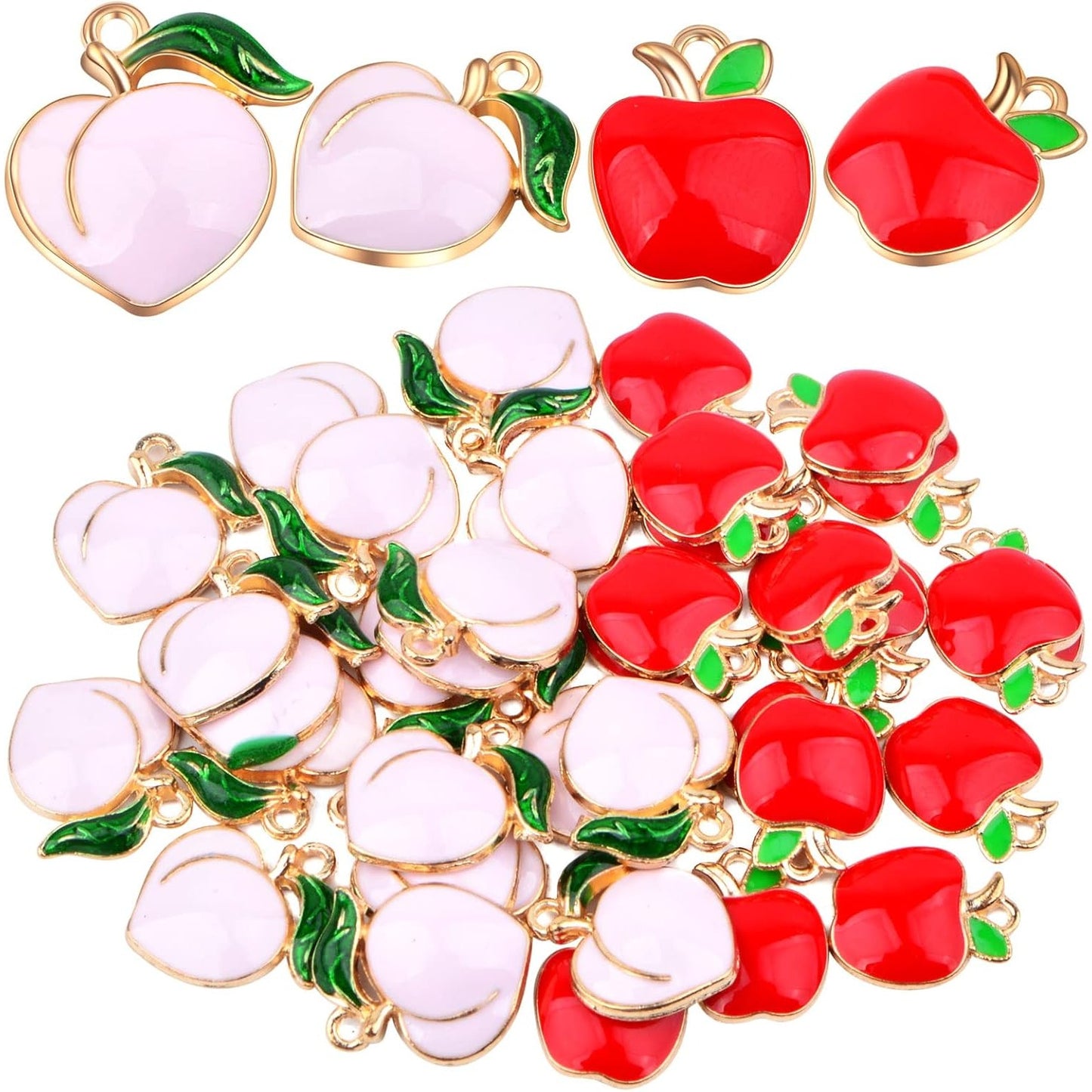 40pcs Mini Cute Enamel Apple Peach Charms Alloy Fruit Shaped Dangle Pendants Sweet Imitation Food Hanging Ornaments for DIY Earring Bracelet Necklace Jewelry Making