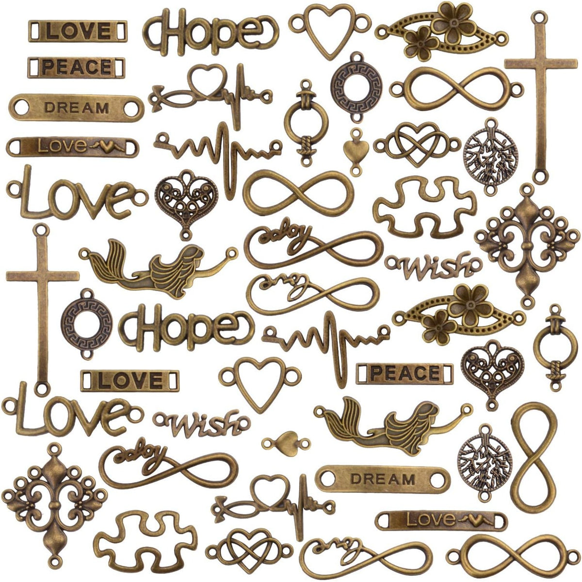 Words Connector Charms, 50 Pieces Mixed Word Letter Connector Pendant Infinity Symbol Link Charms for DIY Necklace Bracelet Jewelry Making - Antique Bronze