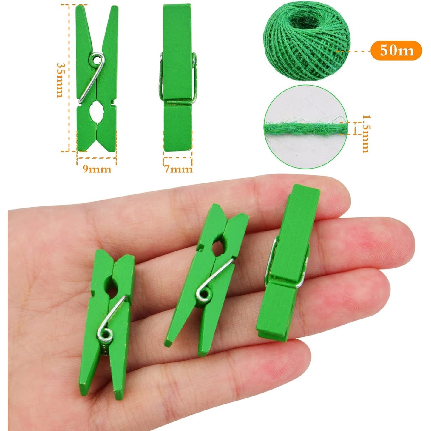 50pcs Small Wooden Clips Tiny Picture Photo Pegs Clothespins Decorative Craft Wood Clips with 50 M Jute Twine for Photo Display Picture Hanging Home Art Crafts Decor, Green