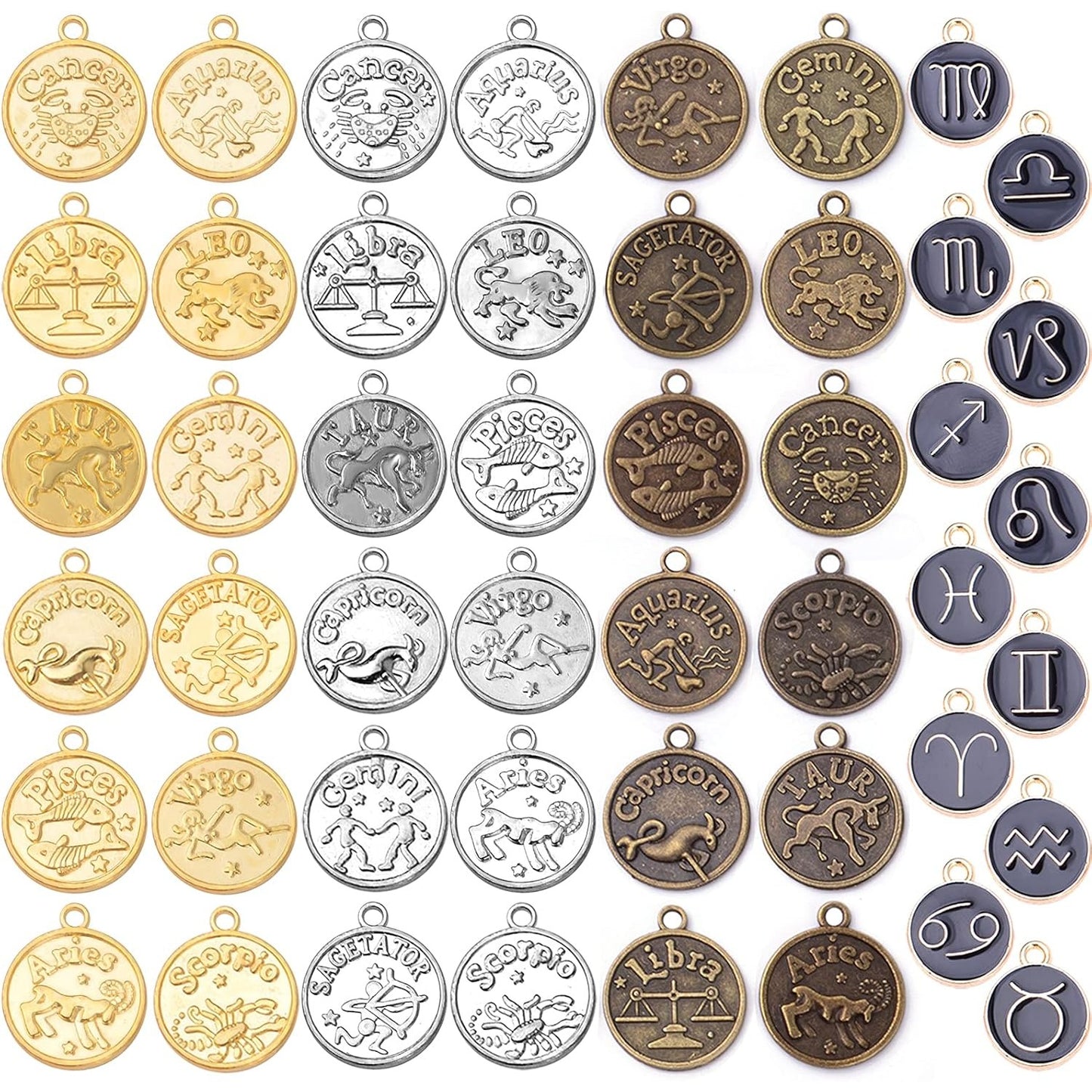 48pcs Zodiac Sign Charms, 36pcs Round 12 Constellation Pendants alloy Beads and 12pcs Gold Plated Enamel Zodiac Pendants for Jewelry Necklace Bracelet Earring, 4 colors