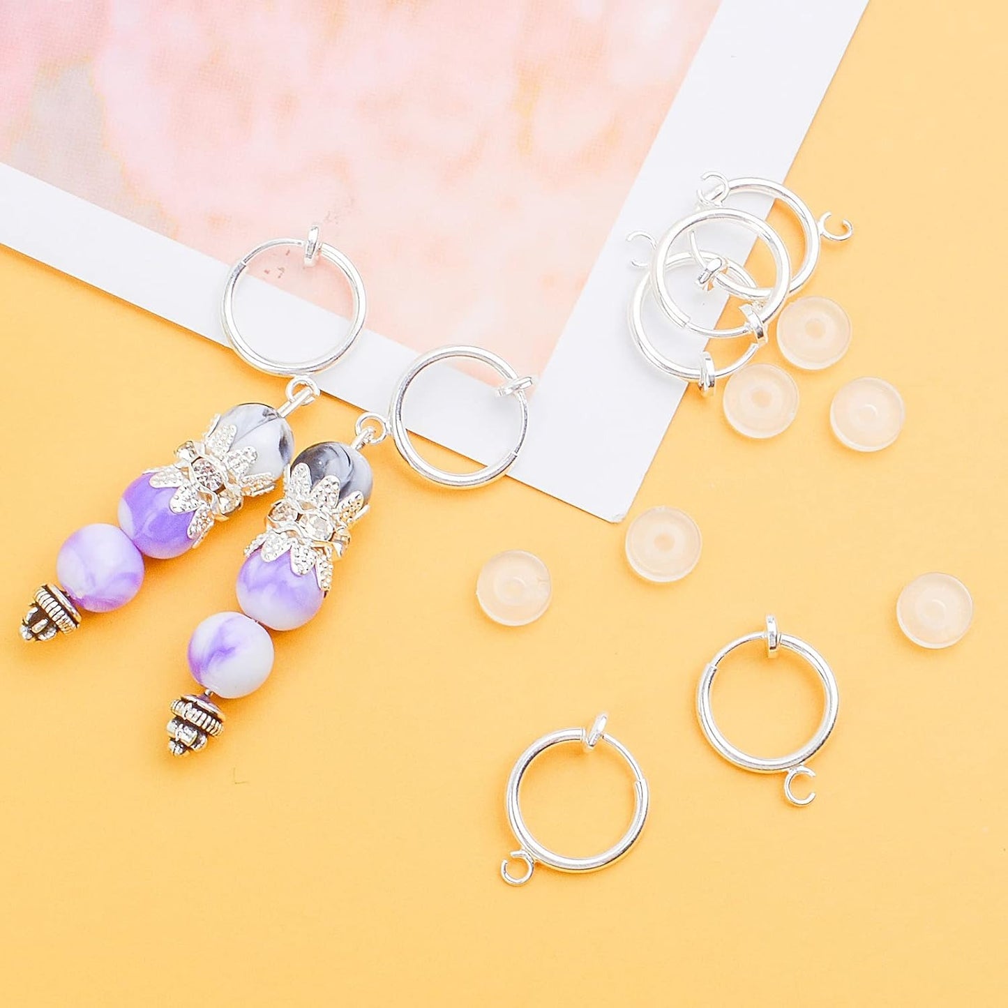 16pcs Brass Clip-on Hoop Earring Converters Round Dangle Ear Clips Classic Earring Findings with Open Loop for Non-Pierced Ears Jewelry Making, Bright Silver