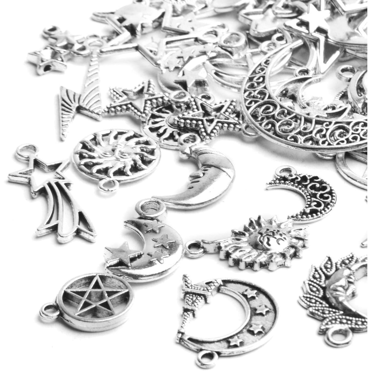 Celestial Pendant Charms, 100 Gram(65-85pcs) Mixed Sun Moon Star Charms Pendants Craft Supplies for Earrings Bracelets Necklaces Crafts Jewelry Making, 5-50mm