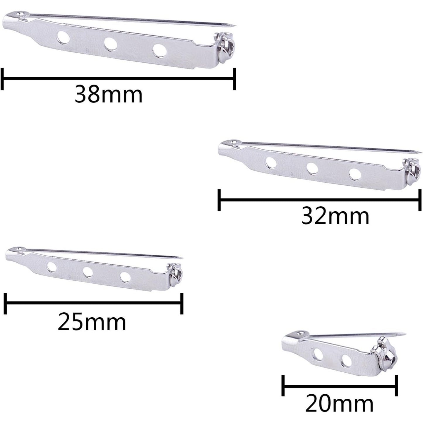 BronaGrand 120pcs Bar Pins Brooch Pin Backs Safety Clasp, 4 Sizes 20 mm, 25 mm, 32 mm and 38 mm (Silver)