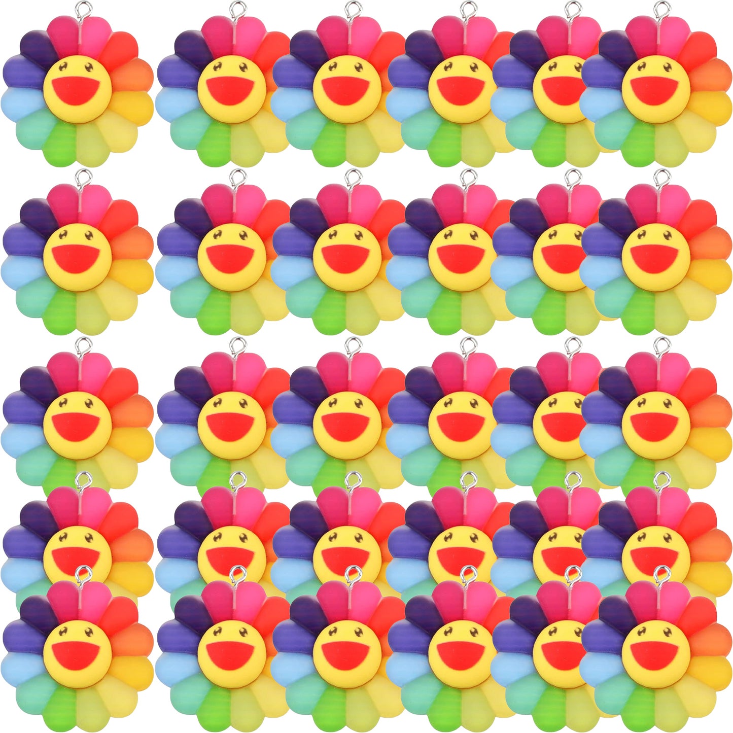 30pcs Colorful Smiley Face Sunflower Charms Matte Resin Rainbow Sun Flower Dangle Pendants Collection Crafts for DIY Bracelet Necklace Earring Jewelry Making, 3 Sizes