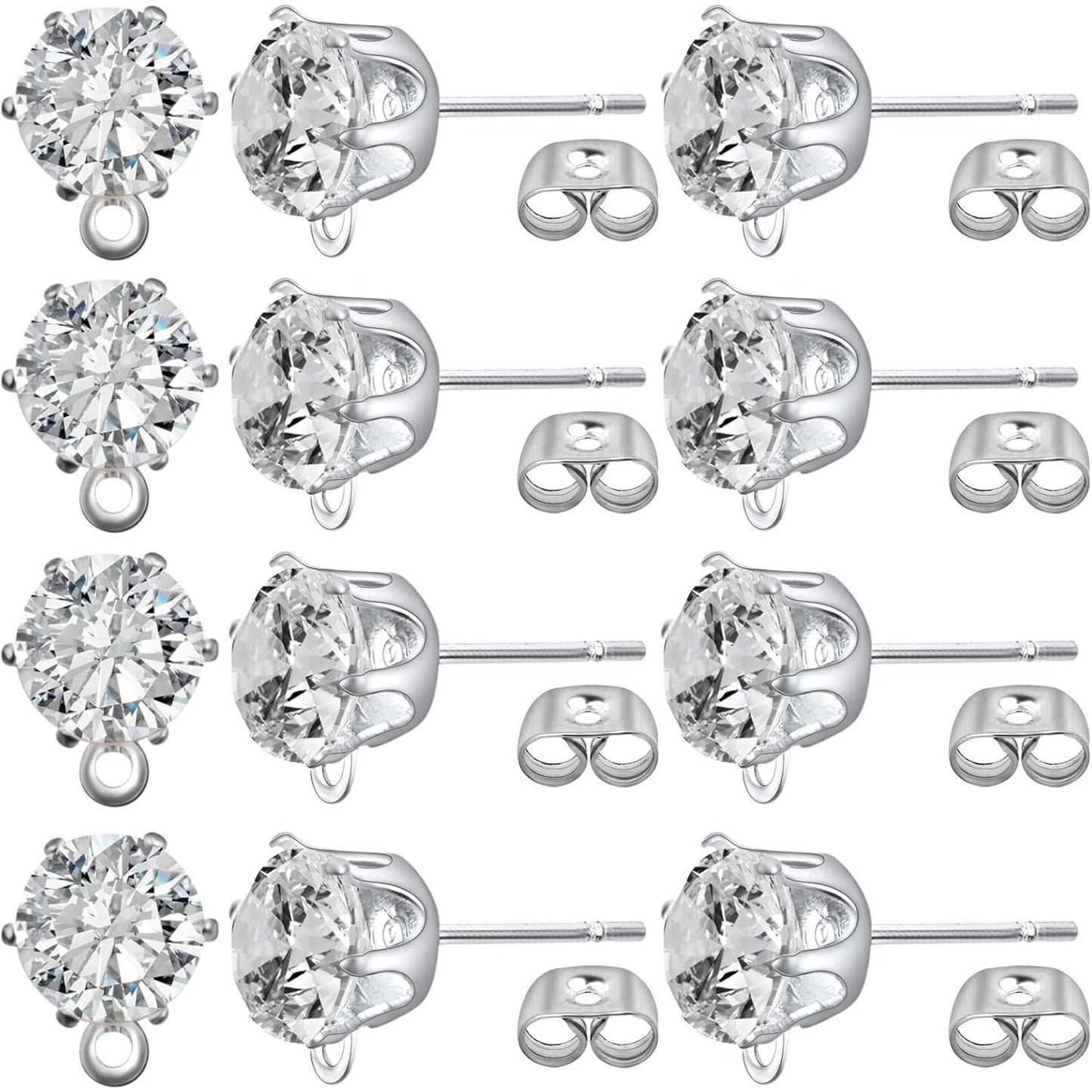 60pcs Zirconia Earring Posts with Loop Hypoallergenic Rhinestone Earring Studs and 60pcs Earring Backs Stoppers for DIY Jewelry Making Wedding Favor Gifts