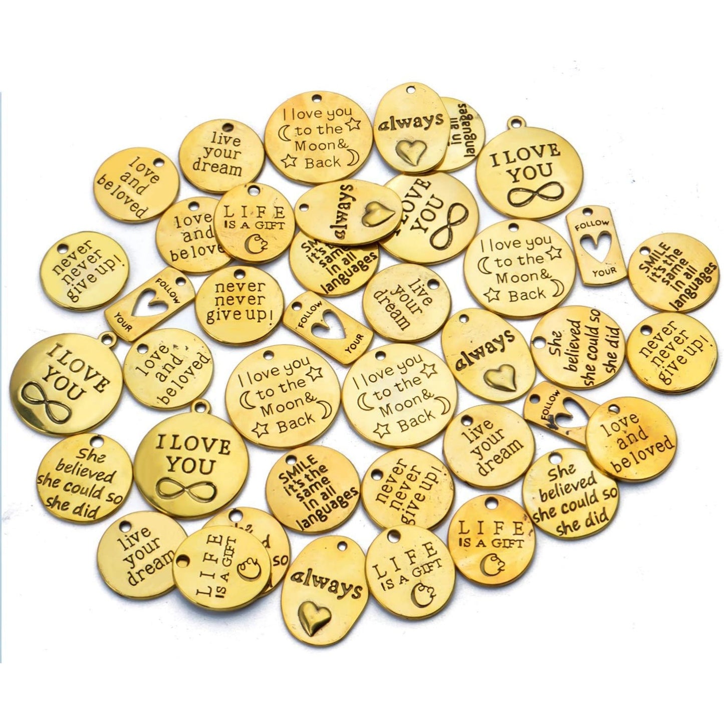 40pcs Inspiration Words Charms Craft Supplies Beads Charms Pendants for Crafting, Jewelry Findings Making Accessory For DIY Necklace Bracelet,Antique Gold