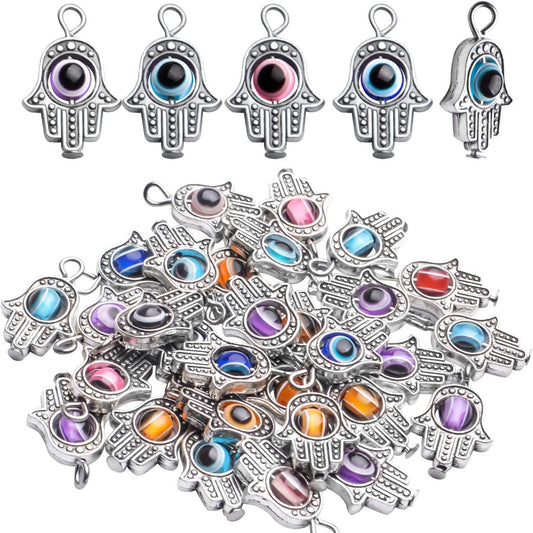 Fatima Hand Charms,30 Pcs Antique Silver Hamsa Hand Evil Eye Bead of Fatima Symbol Charms Hamsa Hand Beads Frame Charms for DIY Necklace Bracelet