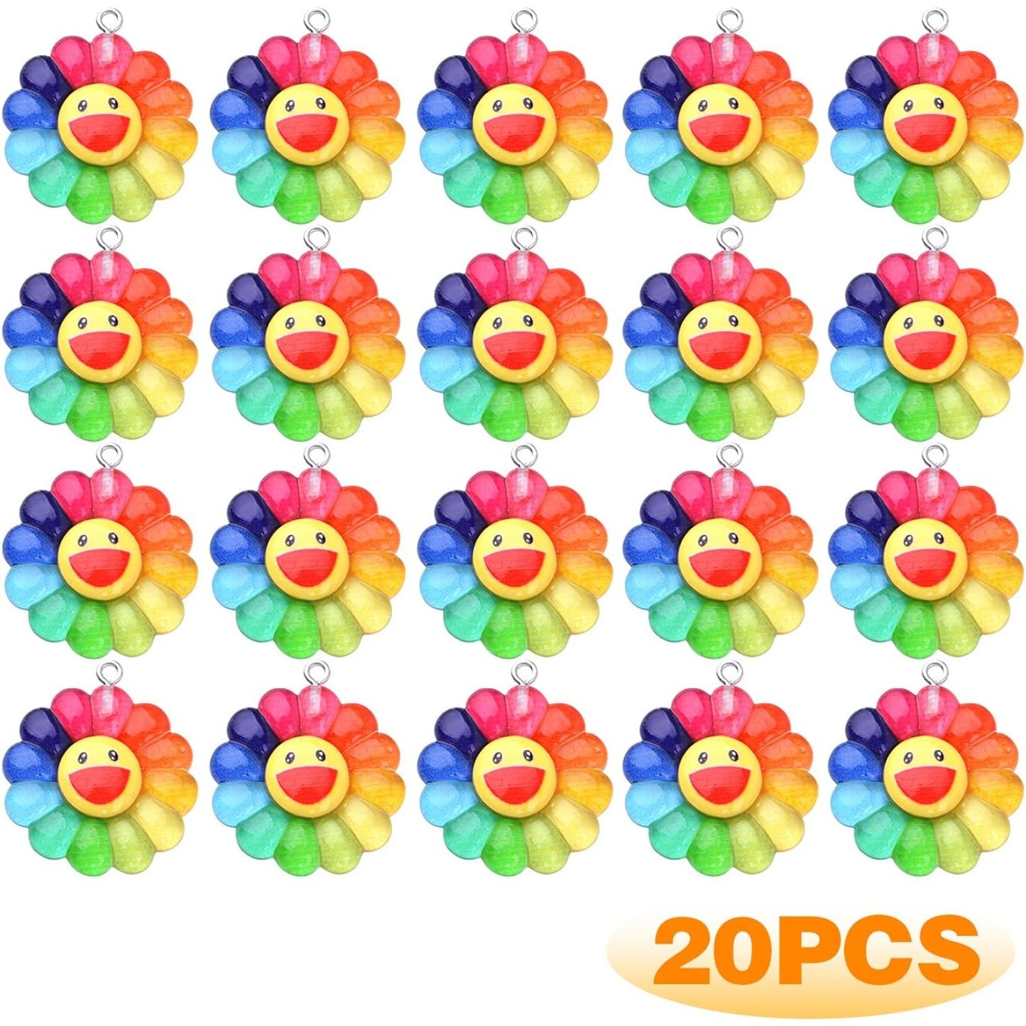 20pcs Colorful Smiley Sunflower Charms Resin Rainbow Smiling Face Flower Pendants Sunflower Beads Charm Collection Crafts for DIY Bracelet Necklace Earring Jewelry Making