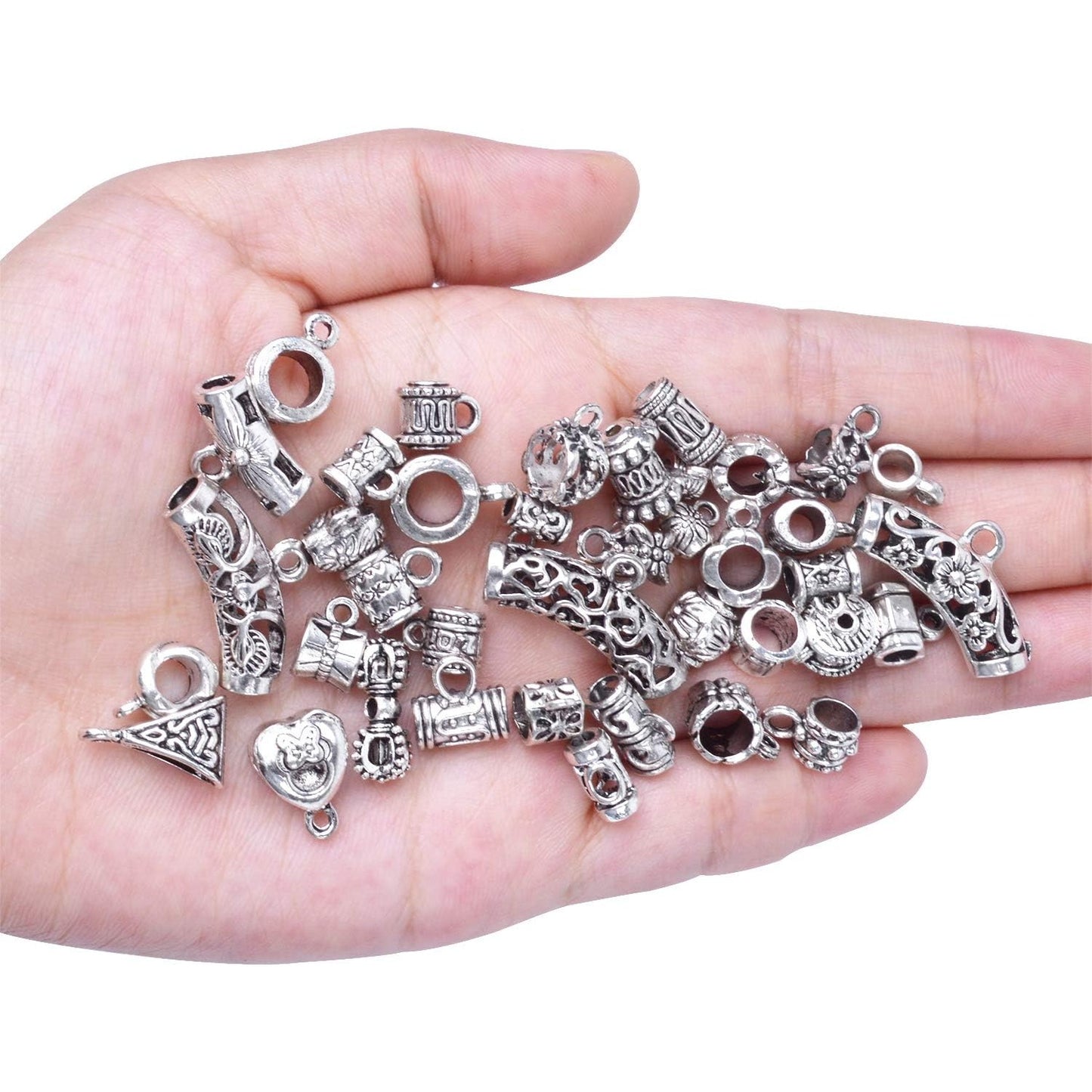 40 Pieces Antique Spacer Beads Bail Beads Tube Beads Bracelet Charms Necklace Pendants Bead Hangers for Jewelry and Craft Making, Tibetan Silver