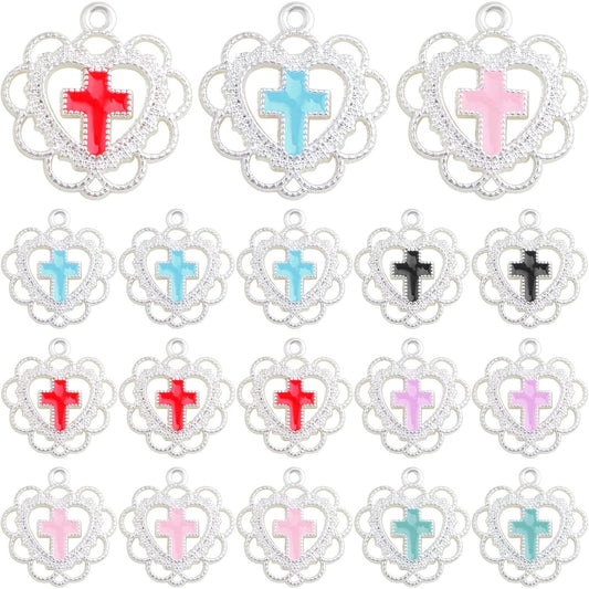 30pcs Heart Shape Enamel Lace Cross Charms Hollow Alloy Love Cross Crucifix Dangle Pendants for DIY Crafts Jewelry Making, 6 Colors