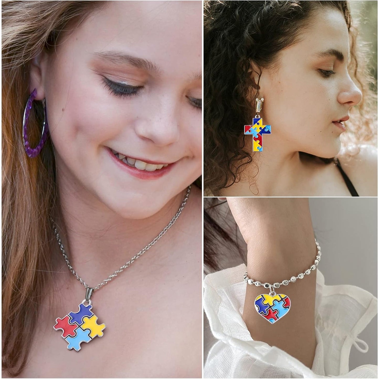 20pcs Autism Charms Pendants Ribbon Heart Round Square Cross with Puzzle Shape Charms Enamel Colorful Enamel Autistic Awareness Pendants for DIY Necklace Bracelet Earrings Jewelry Making Supplies