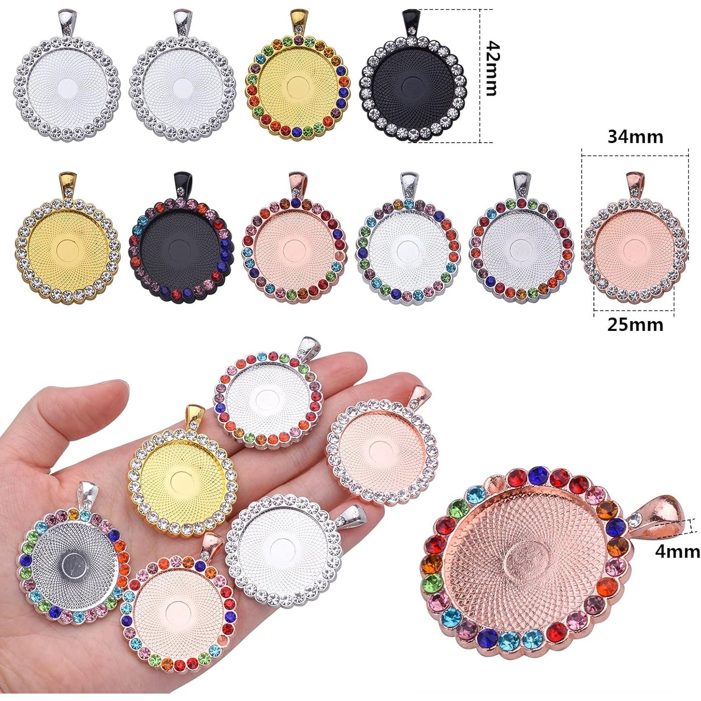 10pcs Rhinestone Bezel Pendant Trays Round Pendant Tray Blanks Cabochon Pendant Setting DIY Trays Blank Pendant Charms for Jewelry Craft Making
