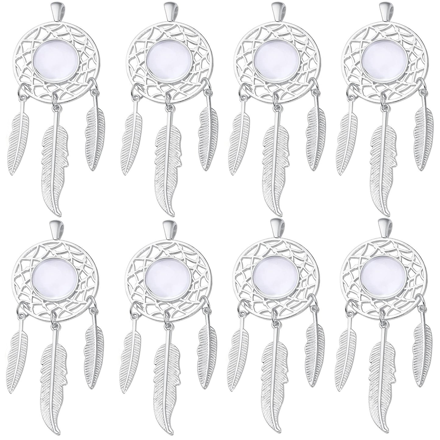 8 Sets Dream Catcher Pendant Trays Dangling Dreamcatcher Charms Feather Filigree Pendants Ornament with Clear Dome Glass Cabochons for DIY Jewelry Making, 4 Colors