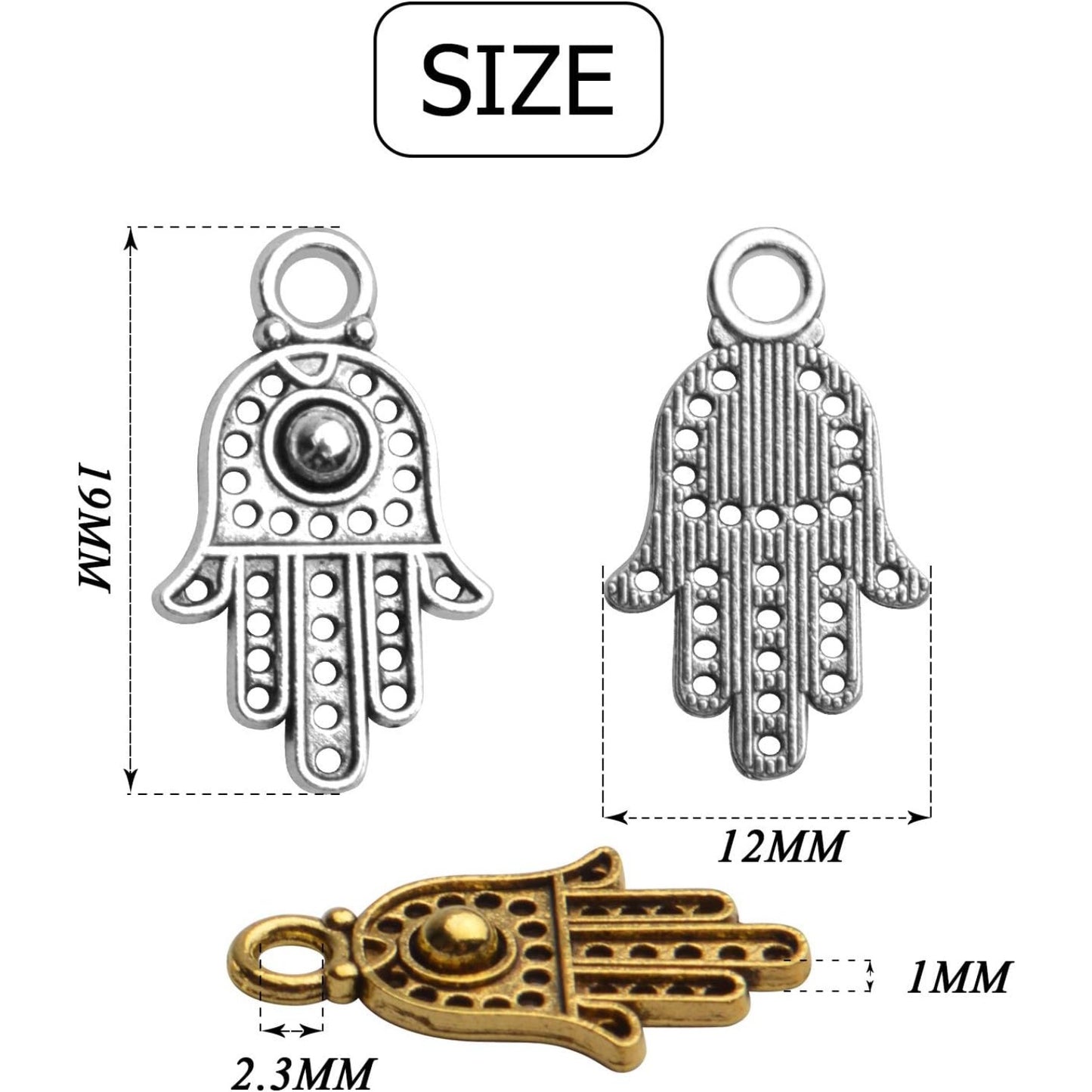 Hamsa Charms, 100pcs Antique Golden/Silver Hand Of Fatima Hamsa Hand Evil Eye Pendants Filigree Charms Jewelry Making Findings for DIY Necklace Bracelet Earrings Crafts, 12x19mm