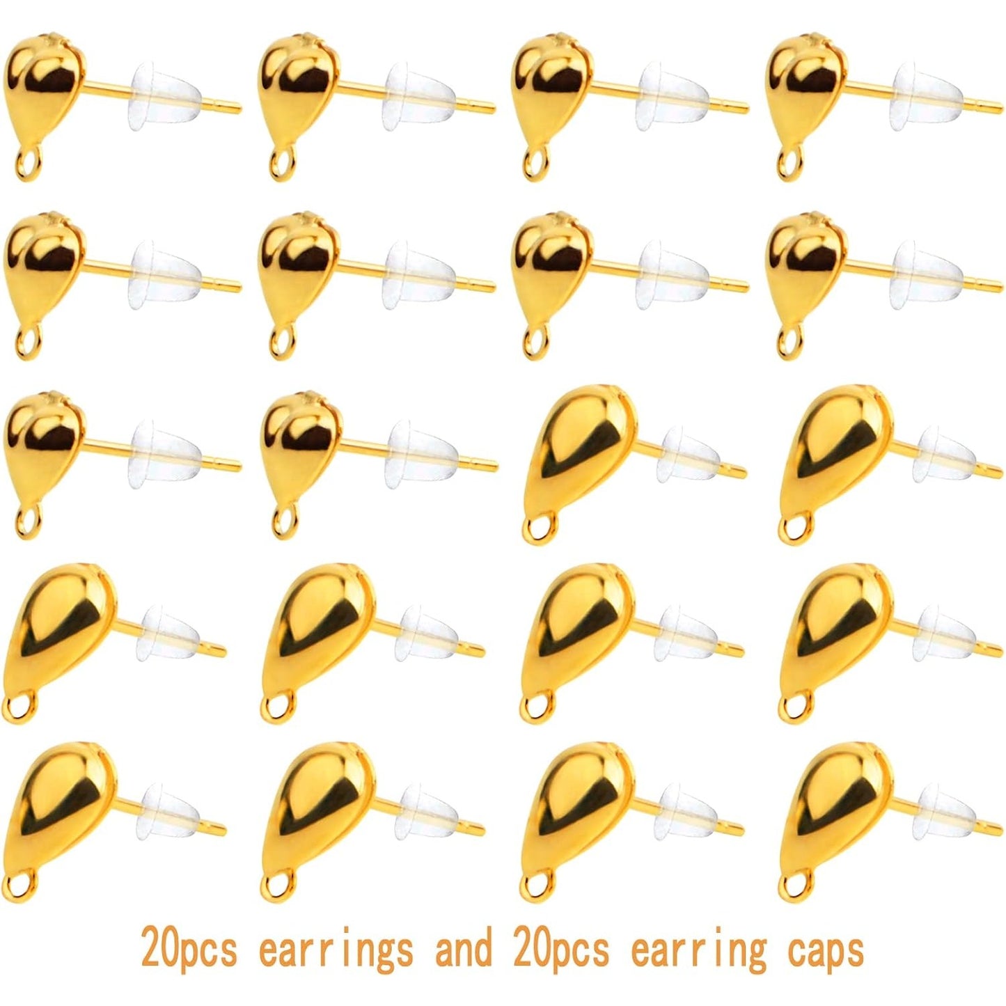 20pcs 18K Golden Plated Earring Studs Metal Earring Posts with Loop Hole Heart Drop Shaped Earring Findings and 20pcs Clear Earring Backs for DIY Jewelry Making Supplies