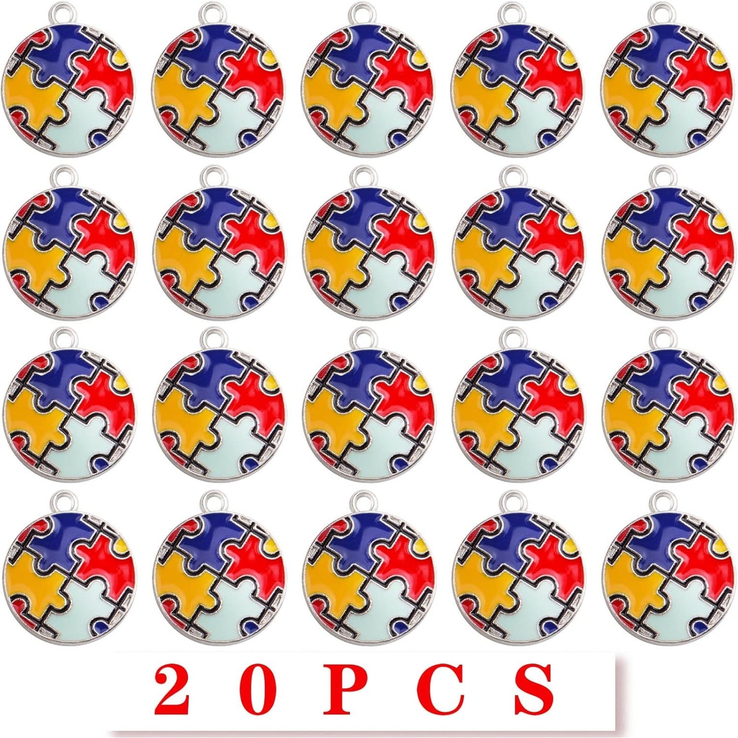20pcs Autism Charms Pendants Ribbon Heart Round Square Cross with Puzzle Shape Charms Enamel Colorful Enamel Autistic Awareness Pendants for DIY Necklace Bracelet Earrings Jewelry Making Supplies