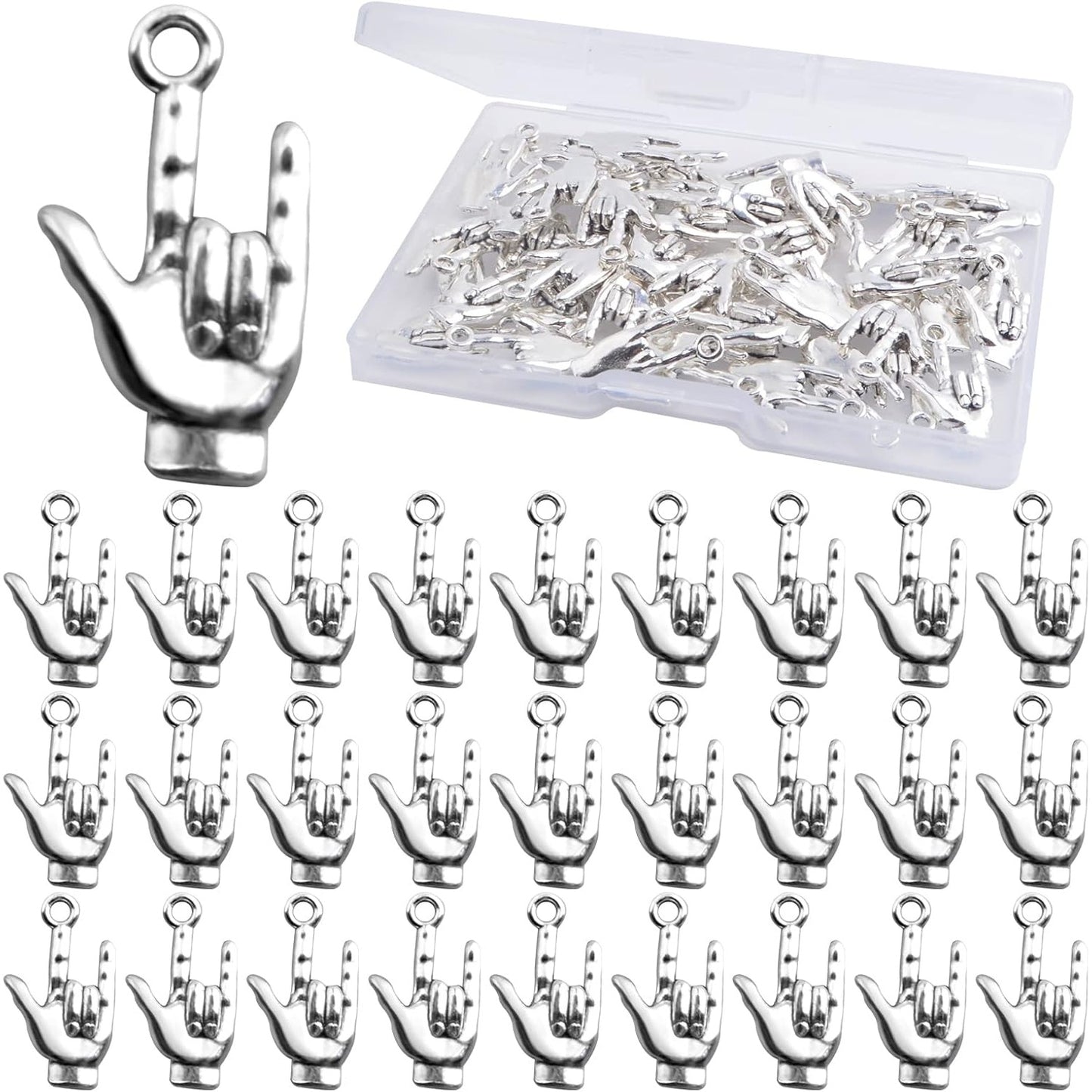 50 Pieces Antique Silver Hand Symbol Pendant Charms Alloy Non-Verbal I Love You Hand Sign Pendants with a Plastic Box for DIY Bracelet Necklace Jewelry Making Findings