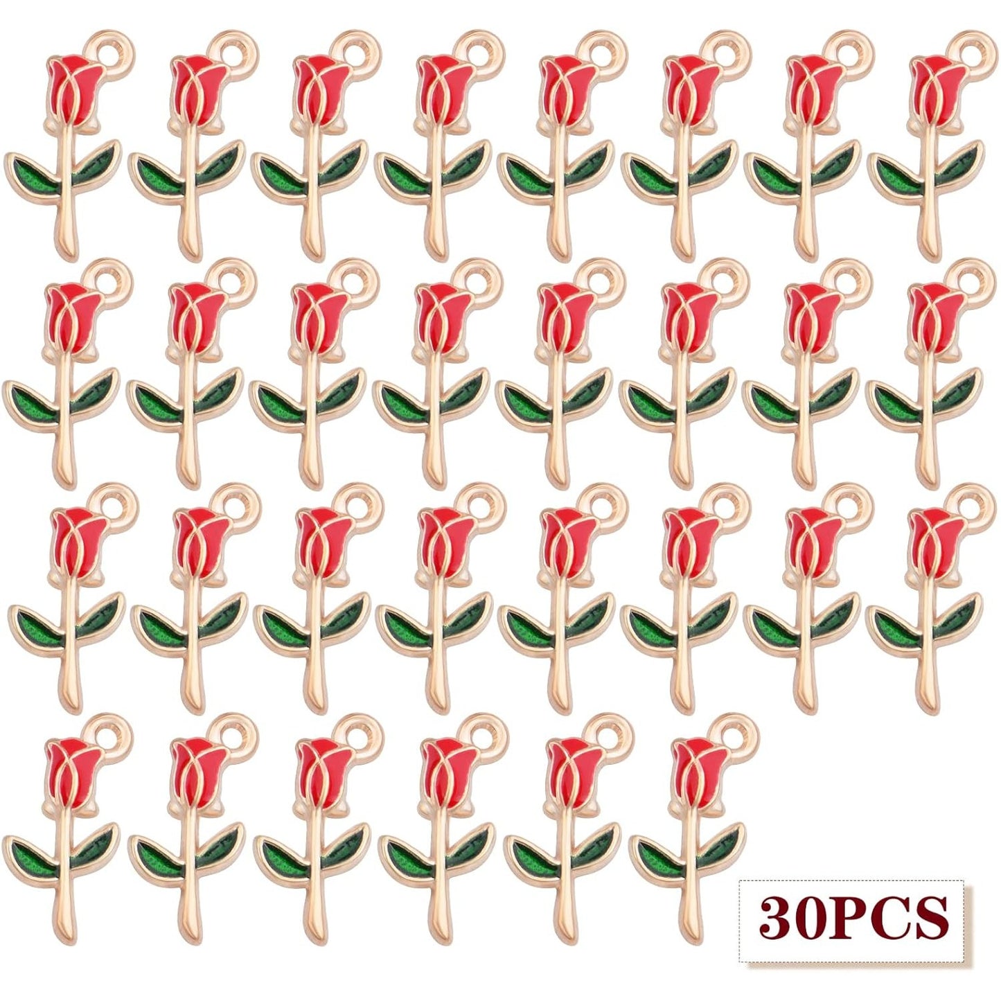 30pcs Enamel Rose Flower Charm Pendants Lovely Dangle Charms for Valentine's Day DIY Bracelet Necklace Earrings Jewelry Making, Red