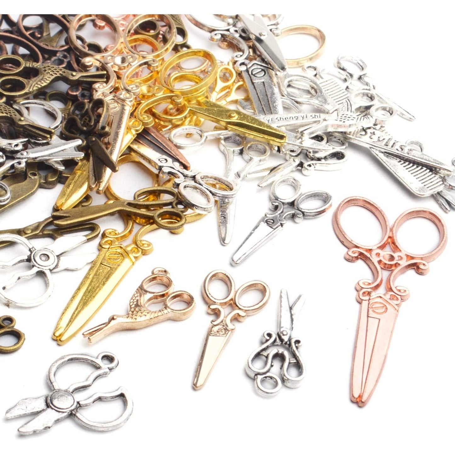 Scissors Charms Collection, 100g(About 40-60pcs) Mixed Alloy Scissors Pendants Tool Charms Set for DIY Necklace Bracelet Making Crafting, 1.5-7cm