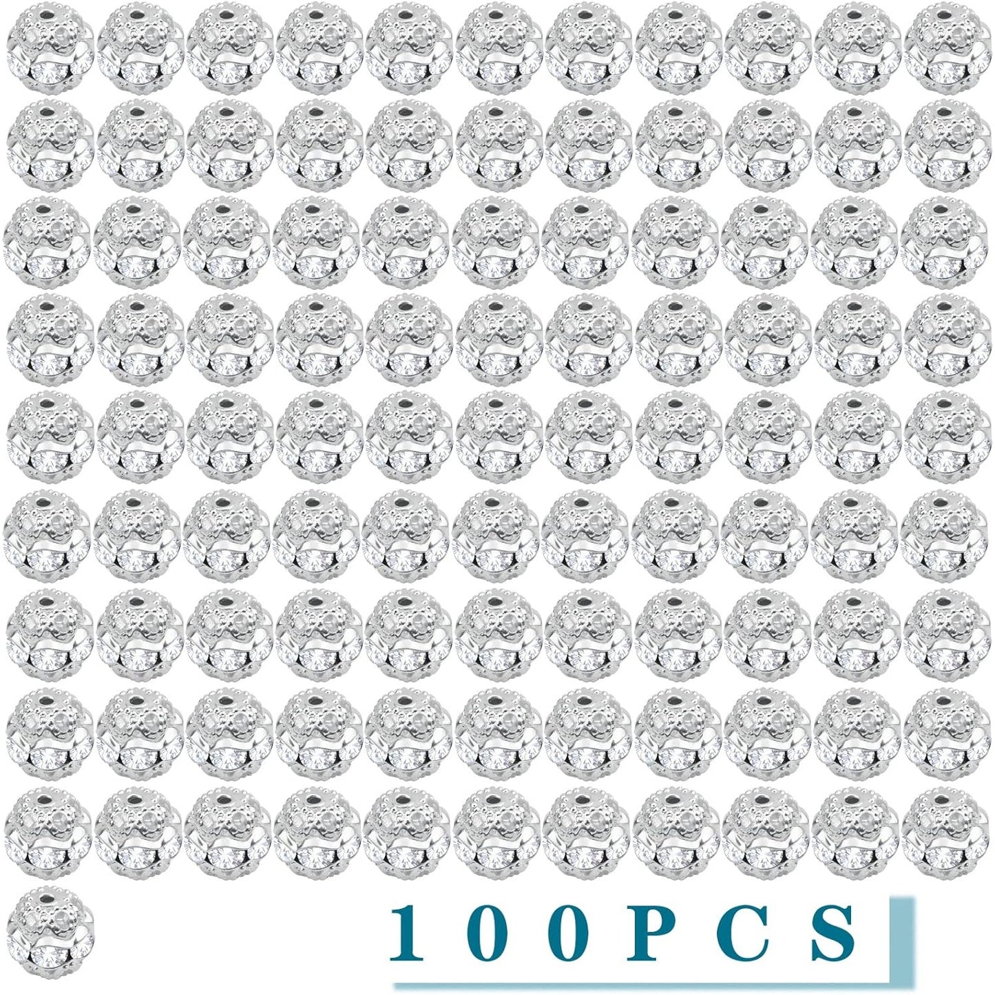 100pcs 8 mm Silver Crystal Rhinestone Ball Spacer Beads Round Ball Disco Rondelle Loose Spacer Beads Jewelry Findings Accessories for DIY Necklace Bracelet Handmade Decor
