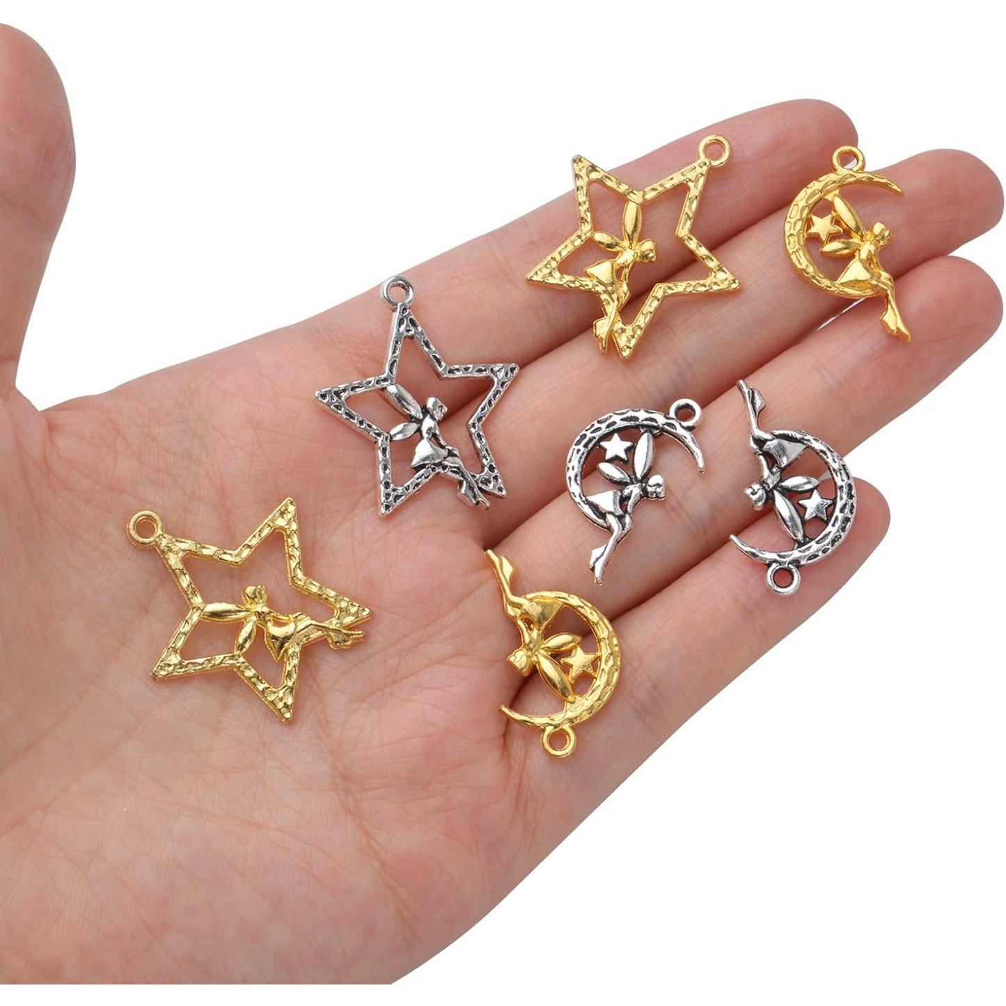60pcs Fairy Moon Star Charms Alloy Angel Fairy Charms Pendants Crafts Supplies for DIY Jewelry Earrings Necklace Bracelet Making Accessory