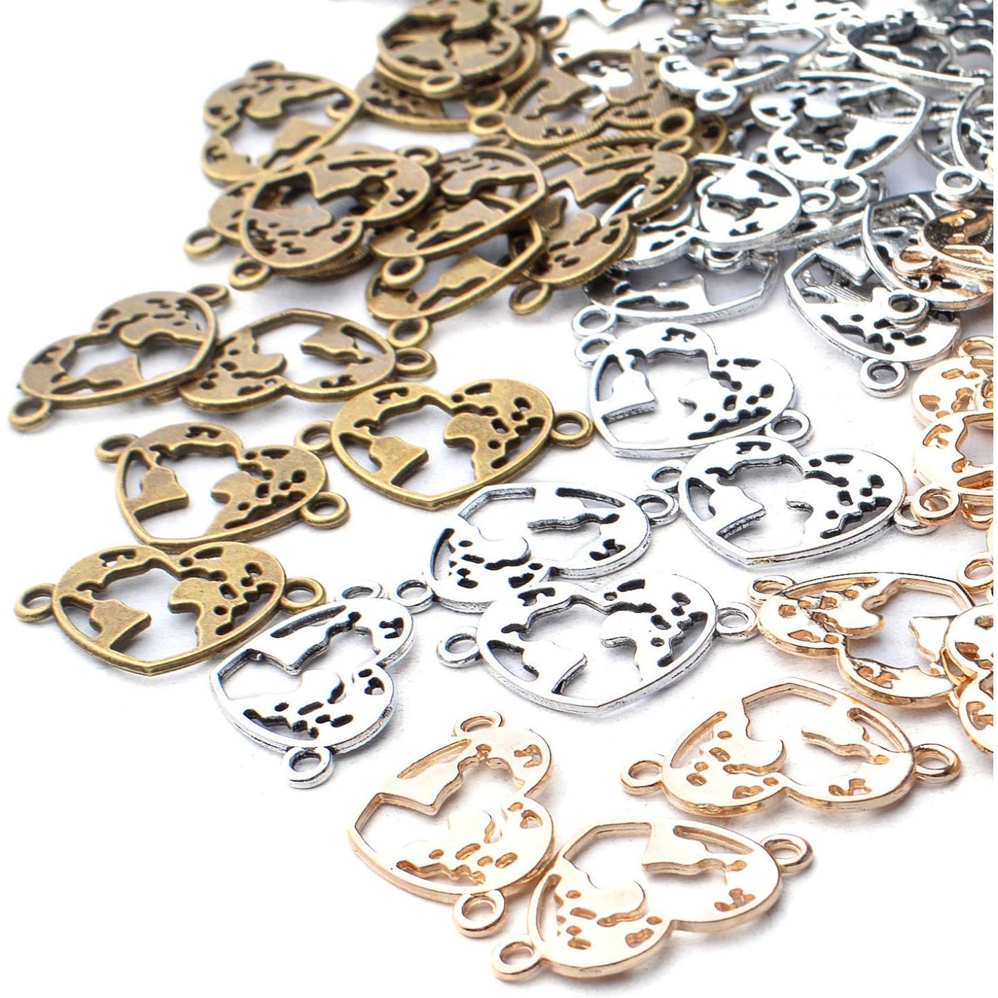60pcs Alloy Large Filigree Heart Charm Love Connector Links Charms Double Loops Jewelry Heart Charm Pendants for DIY Bracelet Jewelry Crafts Making Accessories
